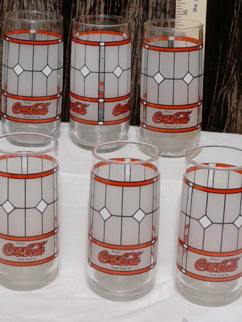 Vintage Coca-Cola Glasses Set of 6 with Red and White Geometric Pattern